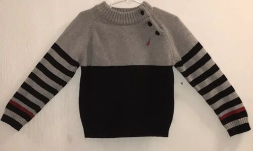 Nautica Toddler Boy 4T Sweater Pullover Gray/Black Shoulder Buttons Red Logo EUC