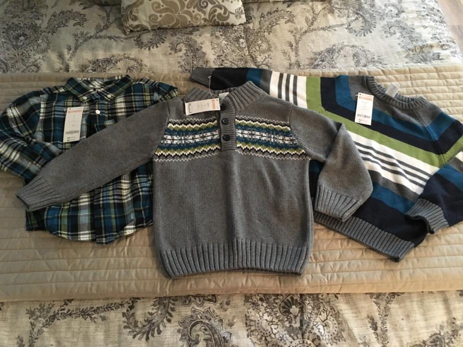 NEW Gymboree Boys Size XS 3-4 Outfit Fair Isle Sweaters + Plaid Shirt Gray Teal