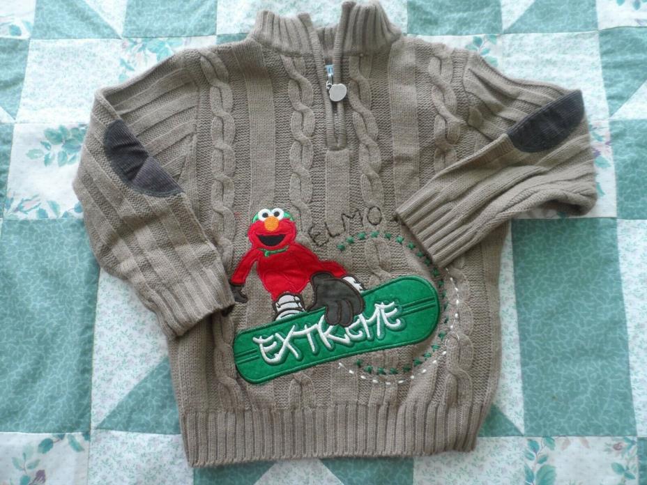 Boy's size 4T Elmo Extreme Board Brown Cable Knit Sweater with Patches
