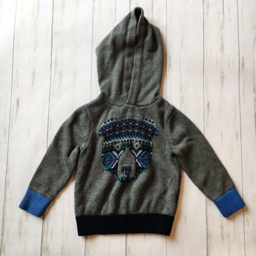 Baby Gap Gray Blue Green Bear Knit Hooded Pullover Sweater Size 2 Years Toddler