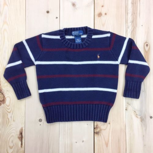 Ralph Lauren Polo Toddler Boys Sweater 2T Pony Stripe Blue Red White Cotton Crew