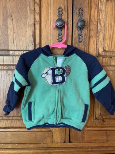 Gymboree boy 12 18 Month Green Navy sweat  Hooded jacket front zipper Beaver B