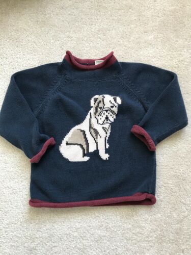 Boys 3T Bulldog Puppy Knit Long Sleeve Sweater Navy Maroon LLBean