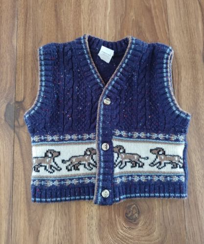 Sweater Vest 12 month Baby Boy Infant 3 Button Blue Tan Dogs Fall Winter