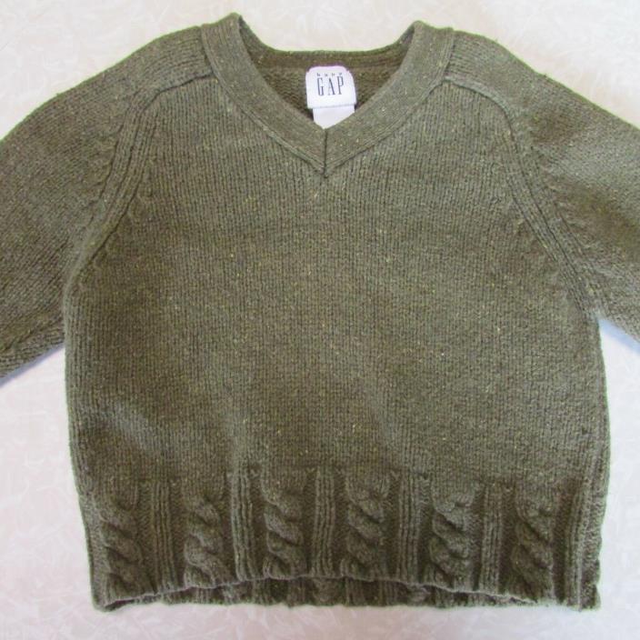 Baby Gap V-Neck Sweater Size 12-18 Months Olive Green Wool Blend Cable Knit