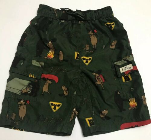 Hatley Boys Swim Trunks Size 3 Camping Fishing Bear Moose Campground Woods Green