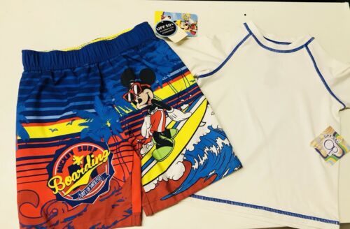 NEW, TODDLER BOYS MICKEY MOUSE SWIM TRUNKS 4T AND RASH GUARD SHIRT, SIZE 3T