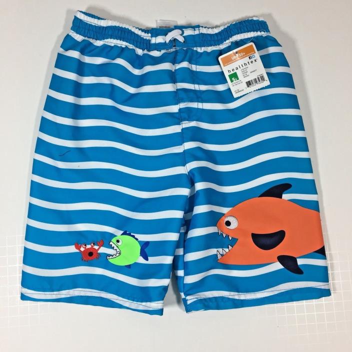 HEALTHTEX, BOYS SIZE 5T STRIPED Blue Orange White SWIM TRUNKS Fish NWT (L42)