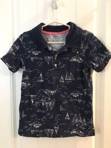 Carters 4T Boys Polo Shirt Blue Sailboats Boat Printed 4 Toddler