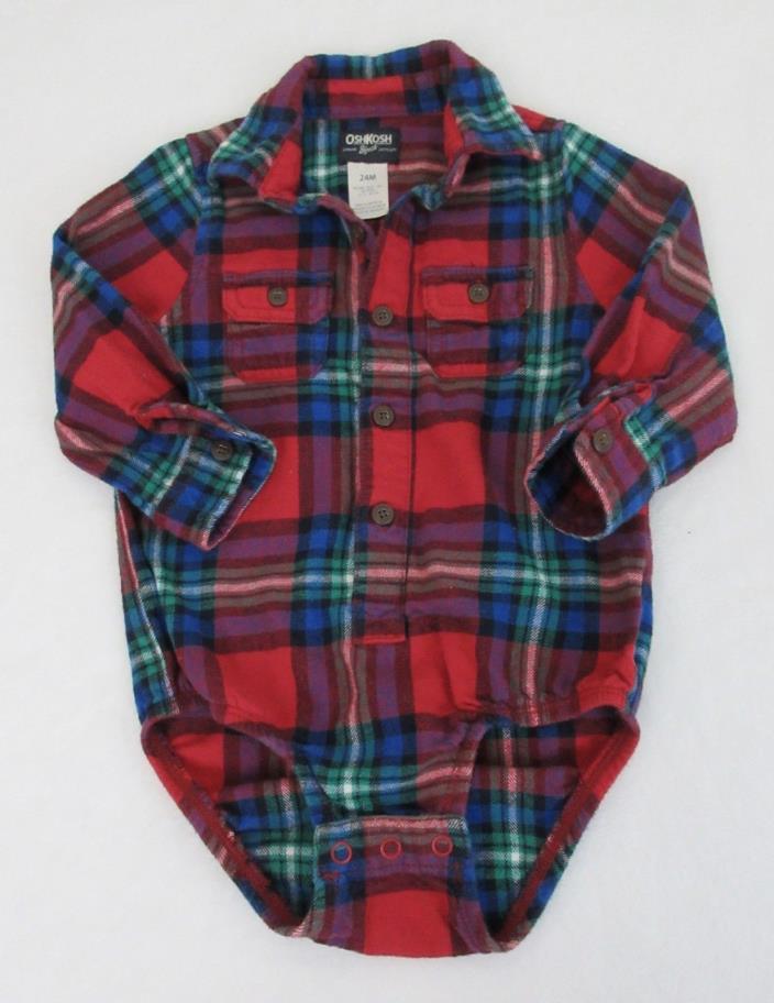 OSHKOSH B'gosh - Red & Blue Plaid Long Sleeve Flannel Bodysuit Shirt size 24 mos