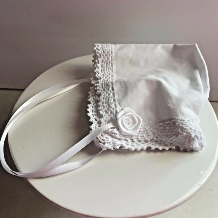 Traditional Lace Handkerchief Christening Bonnet White Cotton Crocheted Edging