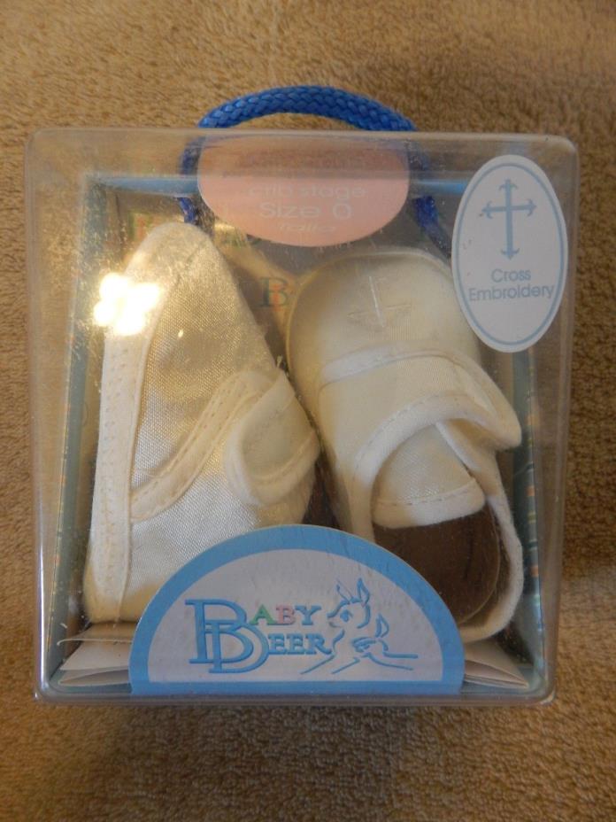 NEW Baby Deer White Satin Crib Shoes Sz 0 Baptism Christening Lace Cross Design