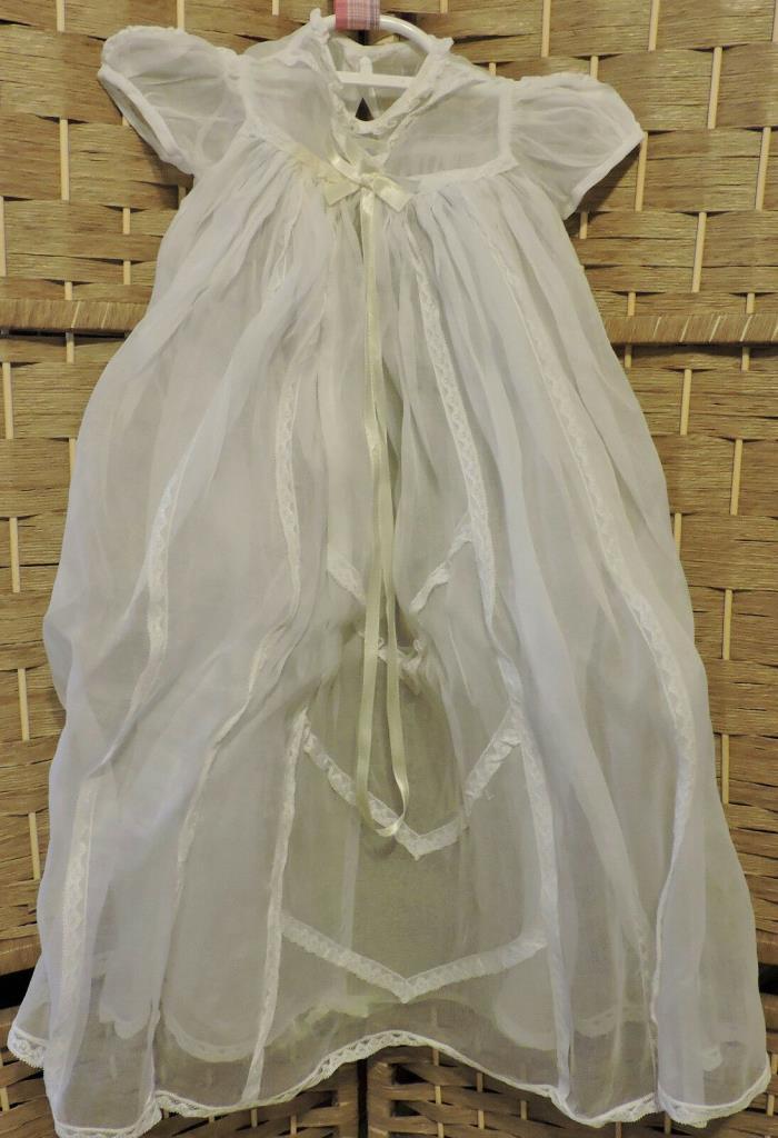 Vintage Heirloom Christening Infant's Gown w Slip Organza Cotton Lace 1960s