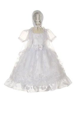 New Baby Girls White Christening Baptism Dress Gown with Bonnet Cape B108C