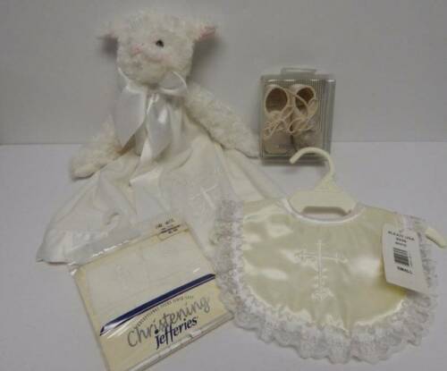 Vintage Christening Baptism Lot Bib Socks Shoes Lamb Lovey Security Blanket