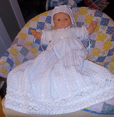 Baby Girls Christening Gown Dress Set Handmade White Crochet Size NB to 3 Months
