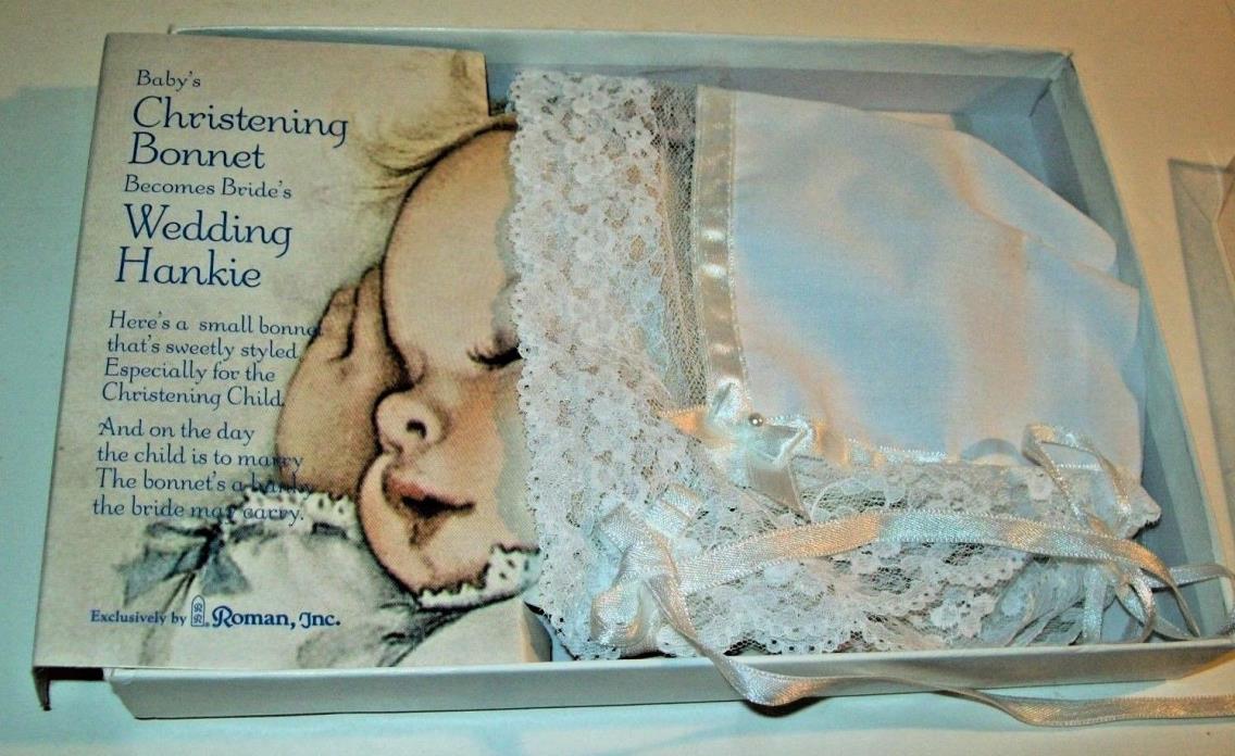 Keepsake Baby Christening Bonnet ~ Wedding Bridal Hankie White Lace in Gift Box