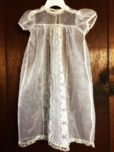 Vintage Handmade Embroidered Christening Baptism Sheer Gown