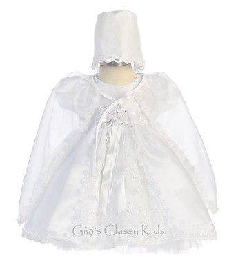 New Baby Girls White Baptism Christening Dress w/ Cape and Bonnet Dedication C26
