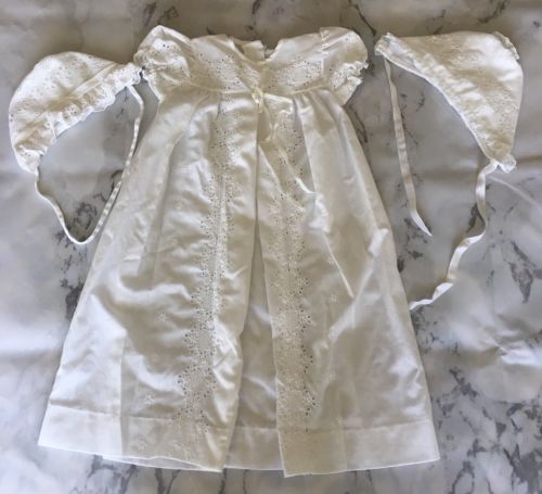 Antique Baby Girls White Lace 3 Pc Dress Gown Christening Baptism Bonnet