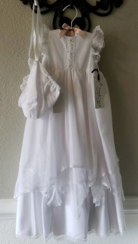 Baby Flower Girls White Lace Dress Gown Bonnet Christening Baptism  0-3  & 6-9 M