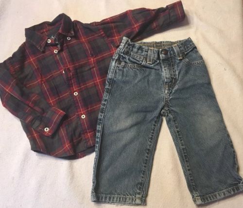 Ralph Lauren Infant Jeans Flannel Button Down Shirt Plaid Size 12-18 Month