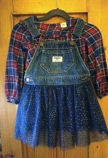 Oshgosh Blue Jean Bibbed, Tullee Skirt  Red and Blue Plaid Shirt T3