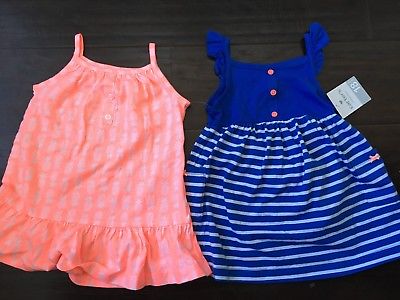 NWT Carter's 2 Cotton Summer Dresses Pineapple & Blue Stripe 3pc size 18 months