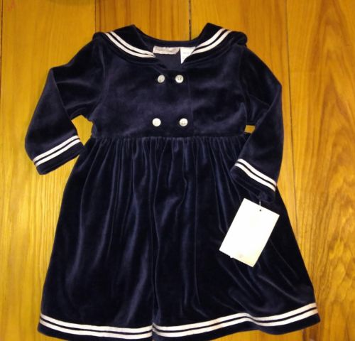 Girl's Sophie Rose Navy Blue Velour Sailor Nautical Dress Size 24 months New