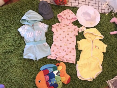 12 Months Girl's Lot of Summer Outfits 3 Juicy Couture Summer Rompers 2 Hats