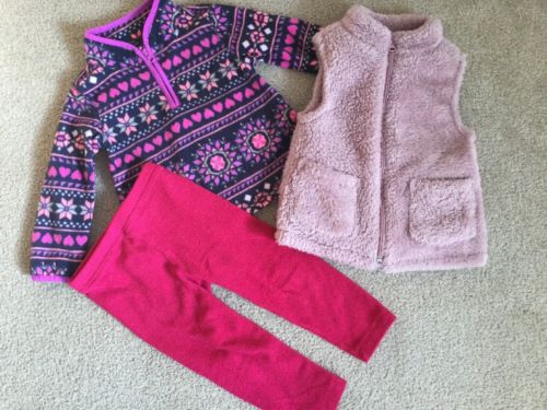 Lot of 3 Baby Toddler Girls Clothes Fleece Top Zip up Pullover Vest and Pants 2T