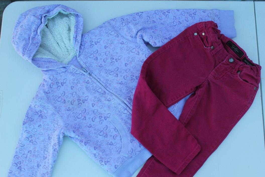 Lot of 2 Baby Girls Clothes Heart Cozy Zip Hoodie Pants Jeans Red Size 4T