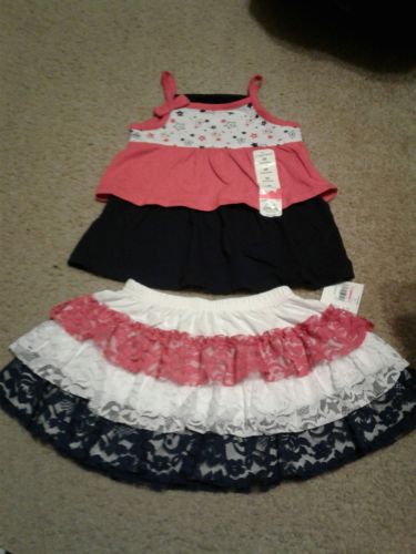 New Lot 2 Girls 4th of July 3T Spaghetti Strap Shirt 24 Month Floral Lace Skirt