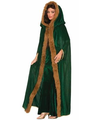 Medieval Fantasy Elegant Green Fur Trim Cape Hood Adult Women Halloween Costume