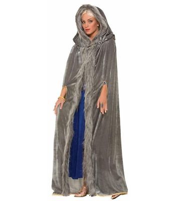 Medieval Fantasy Elegant Grey Fur Trim Cape Hood Adult Women Halloween Costume