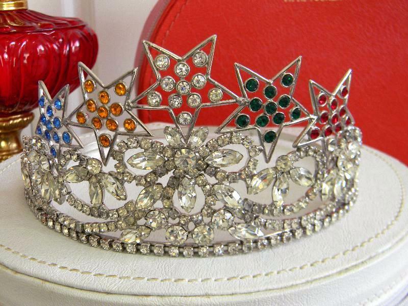 Drop Dead Gorgeous Prong set Rhinestone Theater Crown Tiara~Full Band~Stars