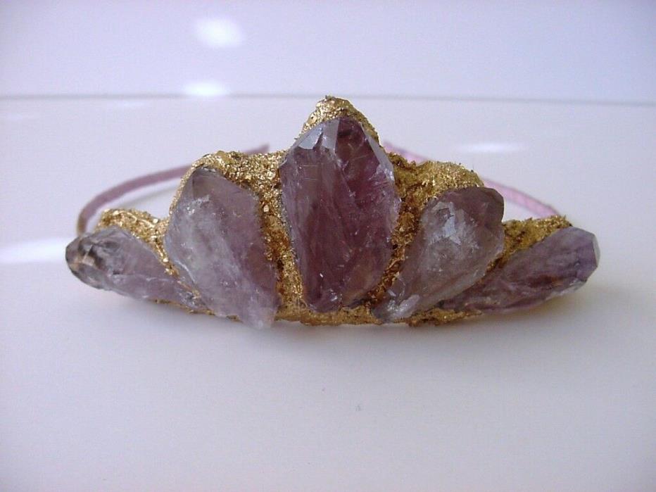 Raw Amethyst Crystal Fairy Boho Crown Tiara Gold Leaf Lotus