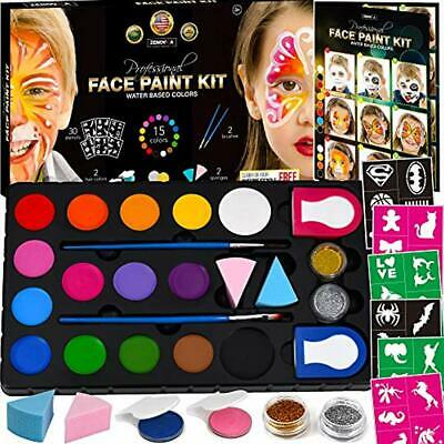 Face Painting Kit For Kids - 60 Jumbo Stencils, 15 Large Water Based Paints, 2
