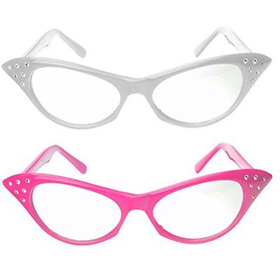 Cat Eye Glasses W Rhinestones 50'S 60'S Retro Glasses 2 Pack PINK & WHITE