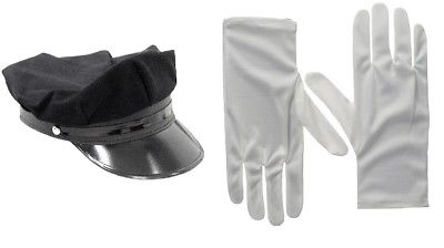 Adult Black Chauffeur Driver Hat White Gloves Officer Set Limo Cap Costume Prop