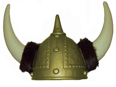 Adult Plastic Norwegian Medieval GOLD Viking Helmet Costume With Horns & Fur