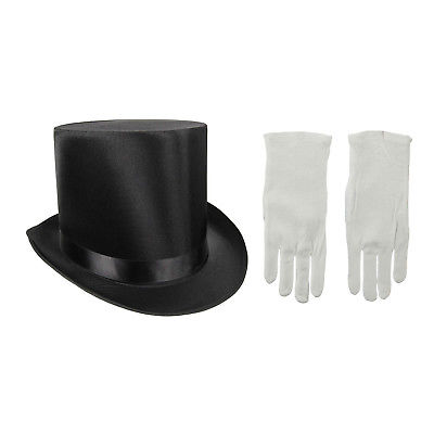 Tall Black Satin Formal Victorian Top Hat With White Gloves Magician Costume