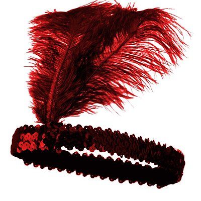 Flapper Headband with Feather Plume Roaring 20's Red Sequined Showgirl