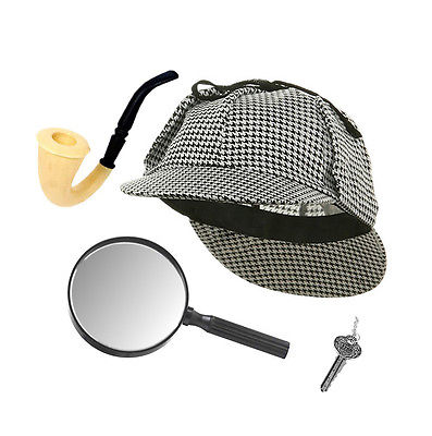 Sherlock Holmes Detective Hat, Pipe, Key & Magnifying Glass Costume 4 Pc Set