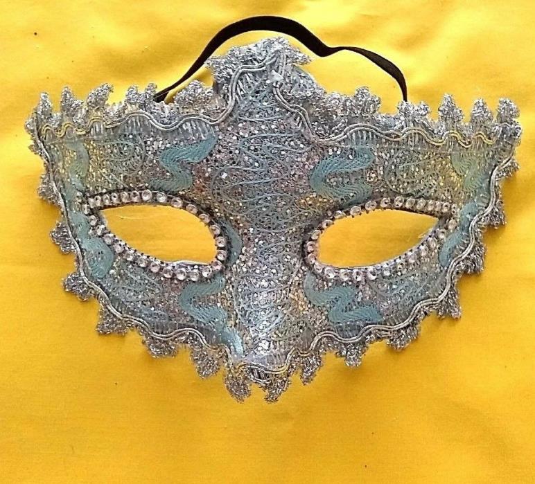 NWT Mardi Gras LIGHT BLUE Venetian Mask with Glitter & Faux Rhinestones