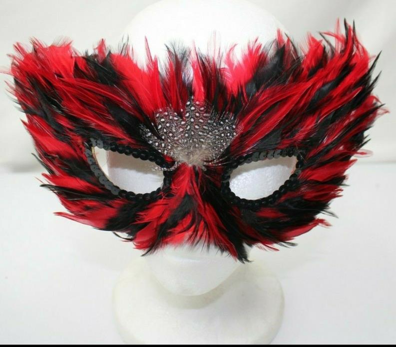 MASQUERADE FEATHER MASK Vintage Style Red Black Feather w Guinea Hen Feather EUC