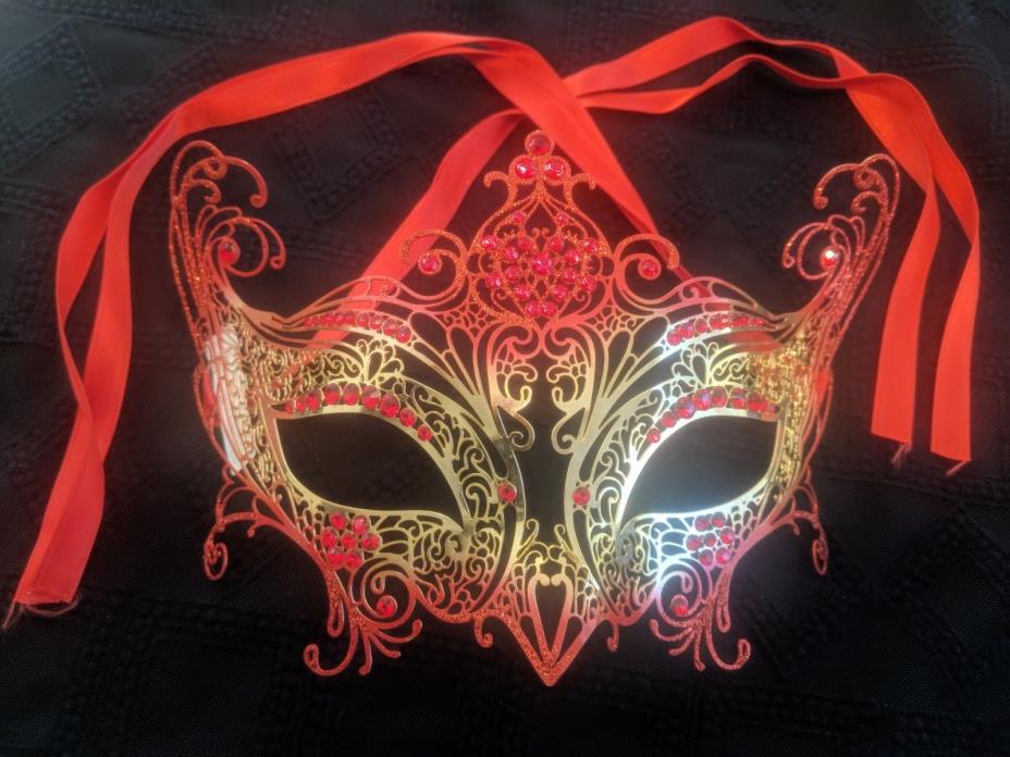 *ITALIAN MADE RED GOLD FILIGREE METAL MASK BY MASQUERADE by JOSEPH K HALLOWEEN*