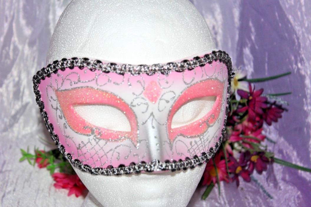 Pink Black Silver Venetian Mask Masquerade Glitter Mardi Gras Wedding Prom~P0