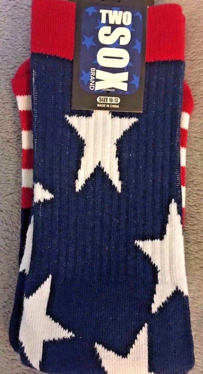 SuperHero~Two Socks Brand!Red, White & Blue Stars&Stripes Mens Sox~Size 10-13