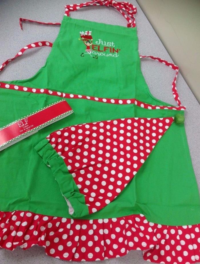 Christmas Apron / Hat Kit Set Womens Holiday Cooking 2 pc Elf  Red Green NEW